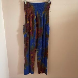 Blue Peacock Feather High-Waist Flowy Pants Elastic Waist Boho Made In Thailand